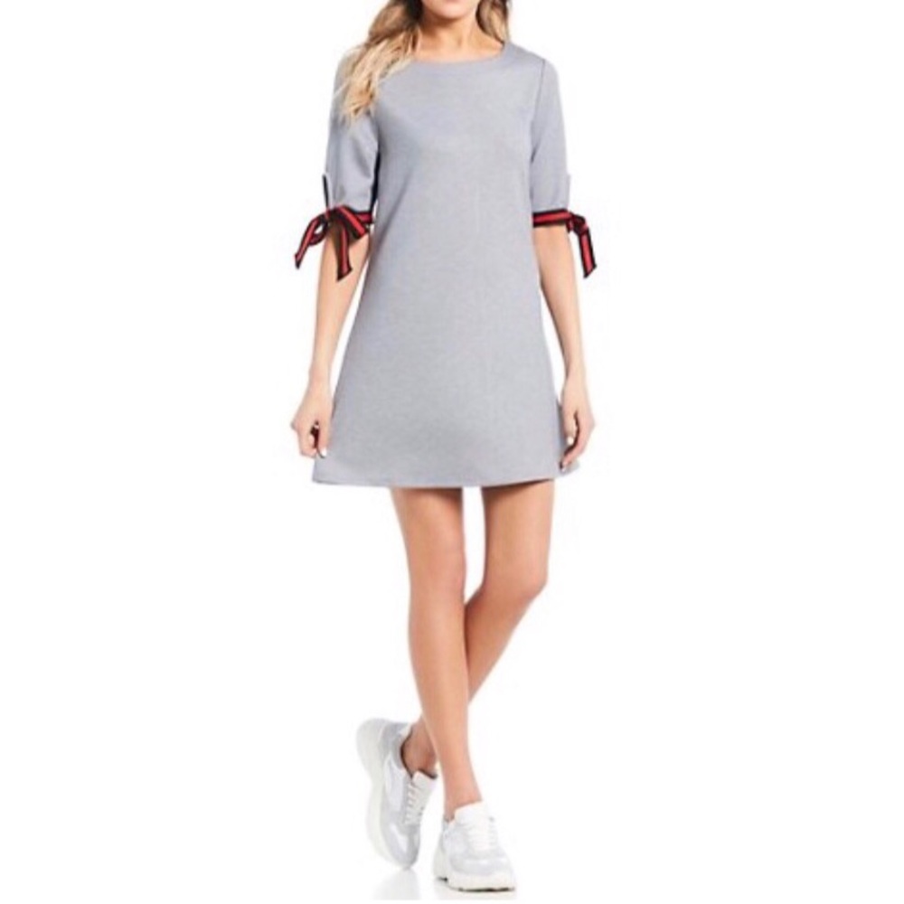 Xtraordinary gray & white striped casual dress red ties on arms